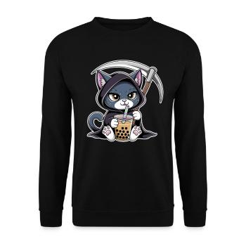 Sensenmann Katze Anime Katze Bubble Tea - Unisex Pullover - Schwarz - Vorne - Alina (178cm) & Michal (187cm)