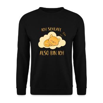 Ich schlafe also bin ich - Katzen Spruch schlafen - Unisex Pullover - Schwarz - Vorne - Alina (178cm) & Michal (187cm)