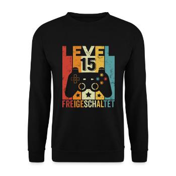 Level 15 Freigeschaltet Geburtstag Junge Mädchen - Unisex Pullover - Schwarz - Vorne - Alina (178cm) & Michal (187cm)