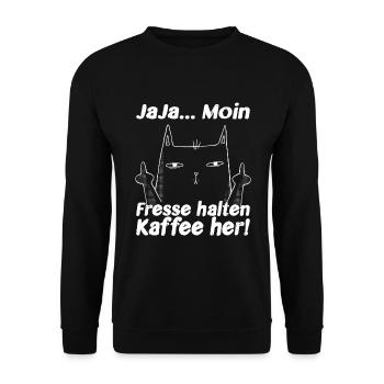 Ja Ja Moin Fresse Halten Kaffee her! Lustige Katze - Unisex Pullover - Schwarz - Vorne - Alina (178cm) & Michal (187cm)