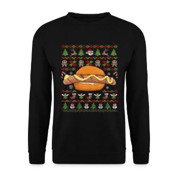 Ugly Christmas Bratwurst mit Senf im Brötchen - Unisex Pullover - Schwarz - Vorne - Alina (178cm) & Michal (187cm)