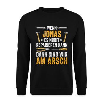 Lustiges Jonas Handwerker Heimwerker Sprüche - Unisex Pullover - Schwarz - Vorne - Alina (178cm) & Michal (187cm)