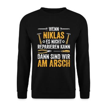 Lustiges Niklas Handwerker Heimwerker Sprüche - Unisex Pullover - Schwarz - Vorne - Alina (178cm) & Michal (187cm)