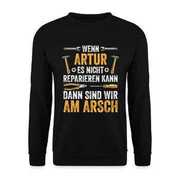 Lustiges Artur Handwerker Heimwerker Sprüche - Unisex Pullover - Schwarz - Vorne - Alina (178cm) & Michal (187cm)