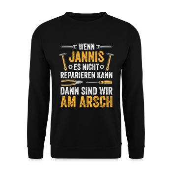Lustiges Jannis Handwerker Heimwerker Sprüche - Unisex Pullover - Schwarz - Vorne - Alina (178cm) & Michal (187cm)