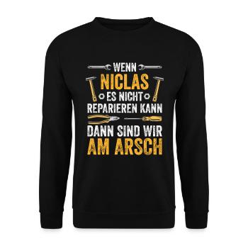 Lustiges Niclas Handwerker Heimwerker Sprüche - Unisex Pullover - Schwarz - Vorne - Alina (178cm) & Michal (187cm)