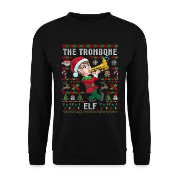 Posaunen Elf Ugly Christmas Instrument Orchester - Unisex Pullover - Schwarz - Vorne - Alina (178cm) & Michal (187cm)