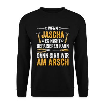 Lustiges Jascha Handwerker Heimwerker Sprüche - Unisex Pullover - Schwarz - Vorne - Alina (178cm) & Michal (187cm)