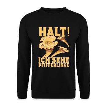 Pilze Pilzjäger Pfifferlingsammler Pilzsucher - Unisex Pullover - Schwarz - Vorne - Alina (178cm) & Michal (187cm)
