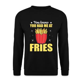 Pommestüte Lustiges Geschenk You Know Had Me Fries - Unisex Pullover - Schwarz - Vorne - Alina (178cm) & Michal (187cm)