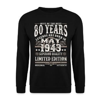 Mai 1943 geboren - 80 Jahre alt - Unisex Pullover - Schwarz - Vorne - Alina (178cm) & Michal (187cm)