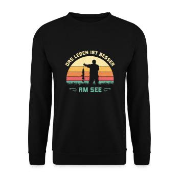 Das Leben ist besser am See Angler Fischerspruch - Unisex Pullover - Schwarz - Vorne - Alina (178cm) & Michal (187cm)