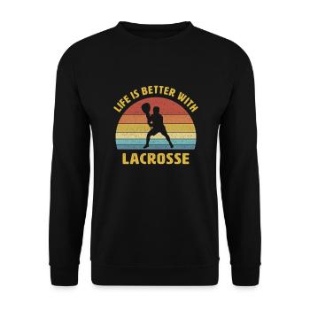 Das Leben ist besser mit Lacrosse Spruch Geschenk - Unisex Pullover - Schwarz - Vorne - Alina (178cm) & Michal (187cm)