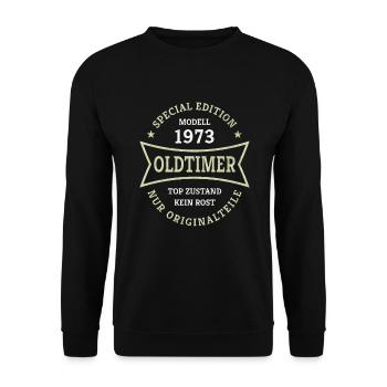 Oldtimer 50. Geburtstag Jahrgang 1973 Geschenkidee - Unisex Pullover - Schwarz - Vorne - Alina (178cm) & Michal (187cm)