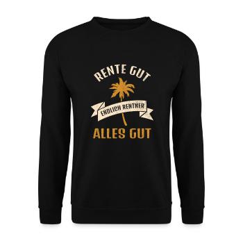 Endlich Rente 2023 Geschenk Rentenbeginn Ruhestand - Unisex Pullover - Schwarz - Vorne - Alina (178cm) & Michal (187cm)