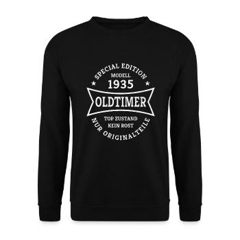 90. Geburtstag Jahrgang 1935 Oldtimer 90 Jahre - Unisex Pullover - Schwarz - Vorne - Alina (178cm) & Michal (187cm)