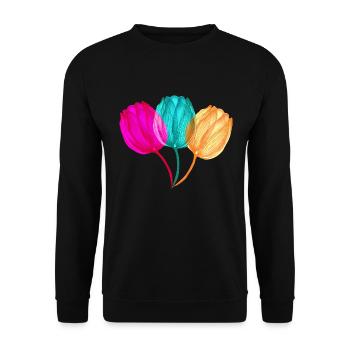 ZAZdesign® Tulpen T-shirt farbenfroh & floral - Unisex Pullover - Schwarz - Vorne - Alina (178cm) & Michal (187cm)