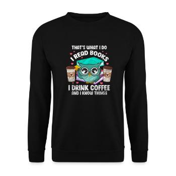Kaffee Koffein Lesen Bücher Buch Eule Geschenk - Unisex Pullover - Schwarz - Vorne - Alina (178cm) & Michal (187cm)