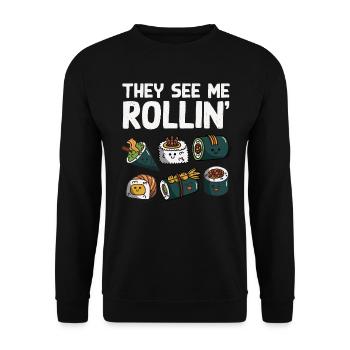 Sushi Essen Japan Nigiri Geschenk - Unisex Pullover - Schwarz - Vorne - Alina (178cm) & Michal (187cm)