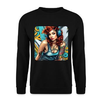 Fille cool avec des cheveux roux, des tatouages et des écouteurs - Sweat-shirt Unisexe - noir - Devant - Alina (178cm) & Michal (187cm)
