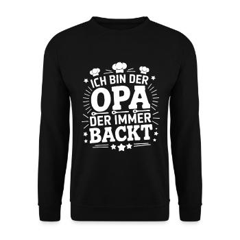 Ich bin der Opa der immer backt lustiger Opaspruch - Unisex Pullover - Schwarz - Vorne - Alina (178cm) & Michal (187cm)