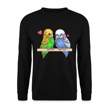 Niedlicher Wellensittich Pärchen mit Herzen - Unisex Pullover - Schwarz - Vorne - Alina (178cm) & Michal (187cm)