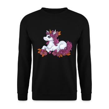 Niedliches Einhorn Kawaii mit Blumen Rosen rosa - Unisex Pullover - Schwarz - Vorne - Alina (178cm) & Michal (187cm)