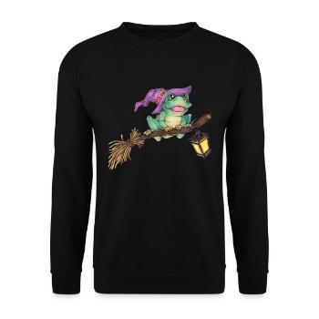 Niedlicher Frosch auf Hexenbesen Magie Halloween - Unisex Pullover - Schwarz - Vorne - Alina (178cm) & Michal (187cm)
