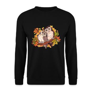 Niedliches Eulen Paar im Herbst mit Kastanie - Unisex Pullover - Schwarz - Vorne - Alina (178cm) & Michal (187cm)
