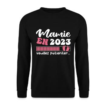 Mamie en 2023 | Cadeau future mamie 2023 Cadeau - Sweat-shirt Unisexe - noir - Devant - Alina (178cm) & Michal (187cm)