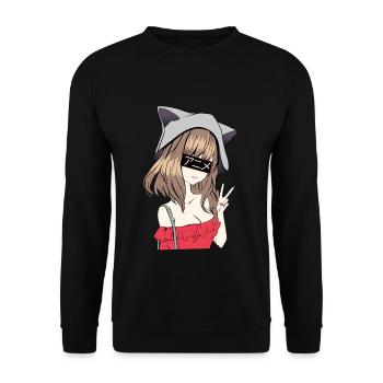 Kawaii Chibi Anime Mädchen - Unisex Pullover - Schwarz - Vorne - Alina (178cm) & Michal (187cm)