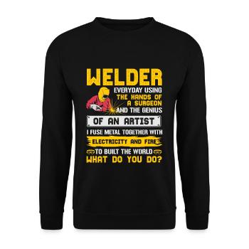 Schweißer Ich Baue Die Welt - Unisex Pullover - Schwarz - Vorne - Alina (178cm) & Michal (187cm)