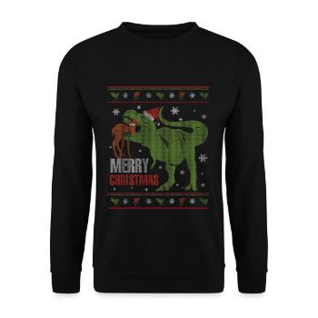 Pull de Noël laid dinosaure affamé - Sweat-shirt Unisexe - noir - Devant - Alina (178cm) & Michal (187cm)