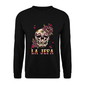 Jefa Floral Sugar Skull Muertos Day Dead Halloween - Unisex Pullover - Schwarz - Vorne - Alina (178cm) & Michal (187cm)