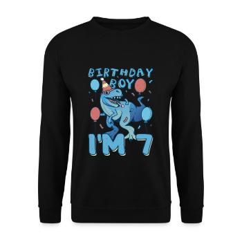 Boy Age 7 Year Old Cute Birth Born Roar Dinosaur - Unisex Pullover - Schwarz - Vorne - Alina (178cm) & Michal (187cm)