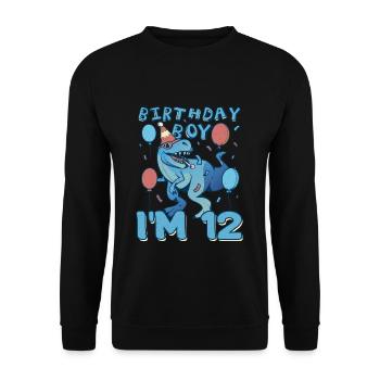 Boy Age 12 Year Old Cute Birth Born Roar Dinosaur - Unisex Pullover - Schwarz - Vorne - Alina (178cm) & Michal (187cm)