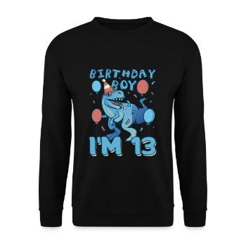 Boy Age 13 Year Old Cute Birth Born Roar Dinosaur - Unisex Pullover - Schwarz - Vorne - Alina (178cm) & Michal (187cm)