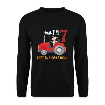 Birth Born Age 7 Year Old Farmer Farm Cow Tractor - Unisex Pullover - Schwarz - Vorne - Alina (178cm) & Michal (187cm)