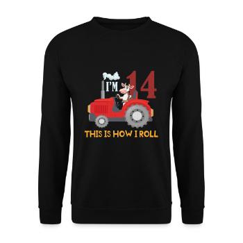 Birth Born Age 14 Year Old Farmer Farm Cow Tractor - Unisex Pullover - Schwarz - Vorne - Alina (178cm) & Michal (187cm)