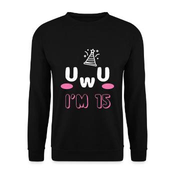 OwO UwU Face Age 15 Year Old Anime Aesthetic Otaku - Unisex Pullover - Schwarz - Vorne - Alina (178cm) & Michal (187cm)