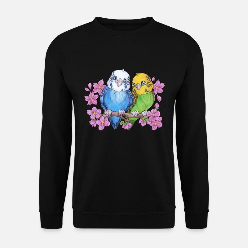 Niedlicher Wellensittich Pärchen mit Kirschblüten - Unisex Pullover - Schwarz