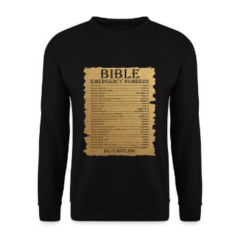 Funny Bible Emergency Number Jesus Christian - Unisex Pullover - Schwarz - Vorne - Alina (178cm) & Michal (187cm)
