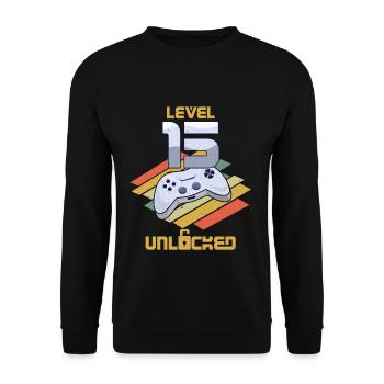 Retro Video Game Lover Age 15 Level Unlocked - Unisex Pullover - Schwarz - Vorne - Alina (178cm) & Michal (187cm)