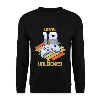 Retro Video Game Lover Age 18 Level Unlocked - Unisex Pullover - Schwarz - Vorne - Alina (178cm) & Michal (187cm)
