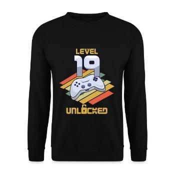 Retro Video Game Lover Age 19 Level Unlocked - Unisex Pullover - Schwarz - Vorne - Alina (178cm) & Michal (187cm)