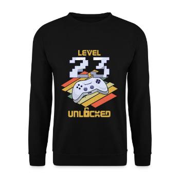 Amateur de jeux vidéo rétro Age 23 Niveau débloqué - Sweat-shirt Unisexe - noir - Devant - Alina (178cm) & Michal (187cm)