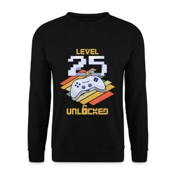 Retro Video Game Lover Age 25 Level Unlocked - Unisex Pullover - Schwarz - Vorne - Alina (178cm) & Michal (187cm)