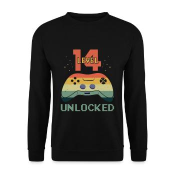Vintage Video Game Lover Age 14 Level Unlocked - Unisex Pullover - Schwarz - Vorne - Alina (178cm) & Michal (187cm)