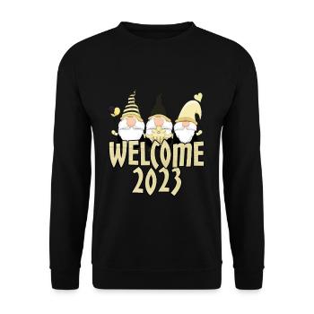 Frohes Neues Jahr 2023 Hallo 2023 Neujahrszwerge - Unisex Pullover - Schwarz - Vorne - Alina (178cm) & Michal (187cm)