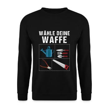 Wähle Deine Waffe Gartenwerkzeug Lustiges Gärtner - Unisex Pullover - Schwarz - Vorne - Alina (178cm) & Michal (187cm)